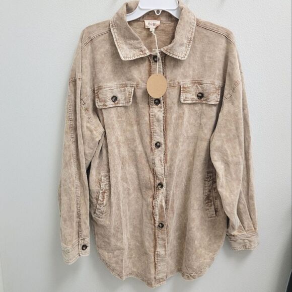 BIBI Courdoroy Button Up Shirt Jacket Distressed Tan NWT XL Pockets - Picture 2 of 9
